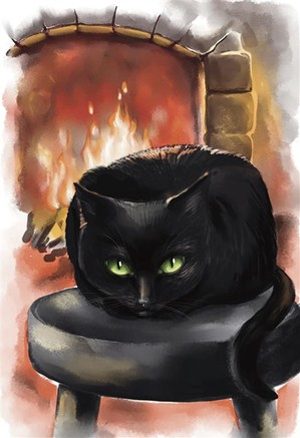 Black cat near fireplace